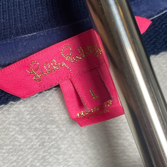 Lilly Pulitzer | Navy White Stripe Ballad Sweatshirt Sequined Palm Tree Beachy - Picture 4 of 7